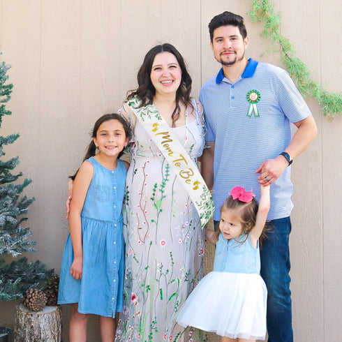 Neutral Sage Green Mom to Be Sash, Baby Shower Dad To Be Pin, Gold Glitter Letters Eucalyptus Leaves Satin Sash