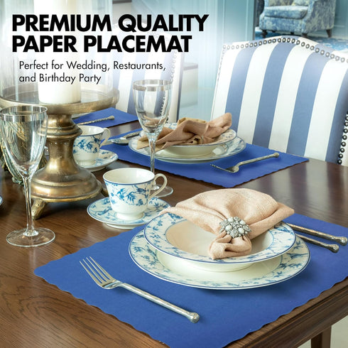 Fit Meal Prep 100 Pack Disposable Paper Placemats, 14 x 10 Inch Blue with Wavy Scalloped Edge for Restaurant Catering