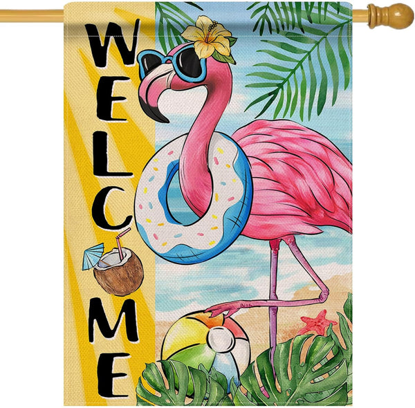 Welcome Summer Flamingo 28 x 40 House Flag, Double Sided; Beach Coastal Swim Ring Tropical Palm Leaves Garden Yard