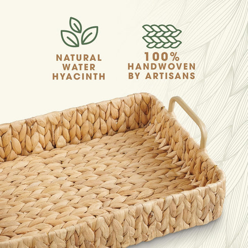 Set 2 of Rectangular Wicker Trays with Handles - Decorative Trays for Coffee Table, Ottoman, Dining Room, Living Room