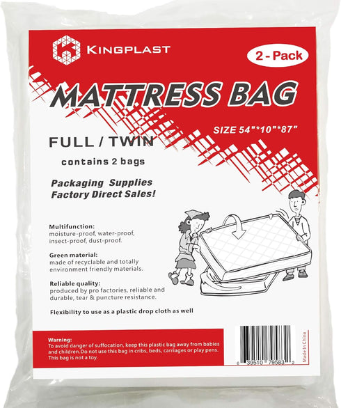 K KINGPLAST Mattress Bags for Moving and Storage, Twin/Full Size 54"x 87", Clear, 2-Pack Disposable Plastic Cover
