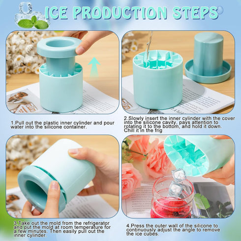 Cylinder Silicone Ice Cube Molds, Holds 60 Ice Cubes, Decompress Ice Lattice Trays, Easy Release Ice Cube Cup (Blue,