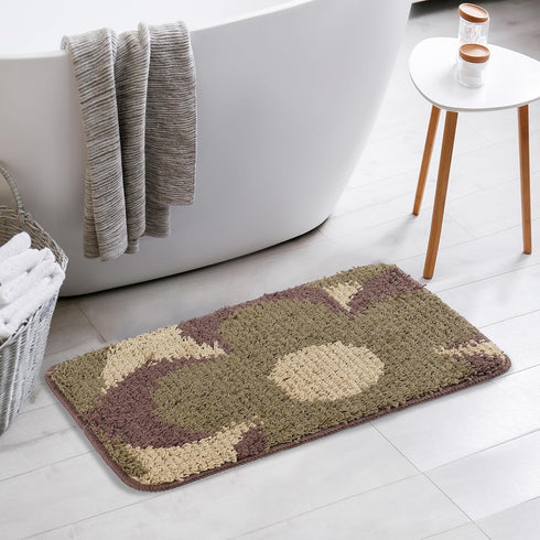 uxcell Floral Bath Mat, Plush Shaggy Bathroom Rug, Checked Washable Carpet for Tub, Shower Room, 16" x 24" Brown