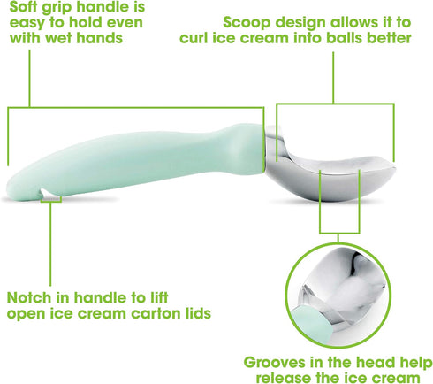 Spring Chef Stainless Steel Ice Cream Scoop, Heavy Duty Kitchen Tool with Soft Grip Handle, Mint