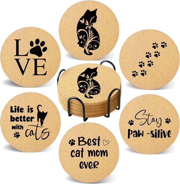 Cegkuc Coasters for Drinks with Holder Set of 6, Cat Paw Coaster for