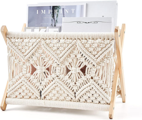 Mkono Macrame Magazine Rack Boho Storage Holder Standing Basket for Books, Newspapers,