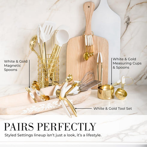 Set 7-Piece White Silicone and Gold Cooking Utensils with Gold Utensil Holder - Silicone Cooking Tools - Ideal
