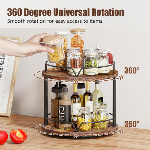 12" 2 Countertop KLM Wood Lazy Susan, Rotating Spice Rack, Tier Spice Turntable Organizer, Industrial Turntable Spice
