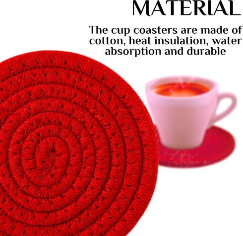 8PCS Red Handmade Cotton Round Woven Coasters - Absorbent Braided Cup Mats for Drink Home Kitchen Heat-Resistant
