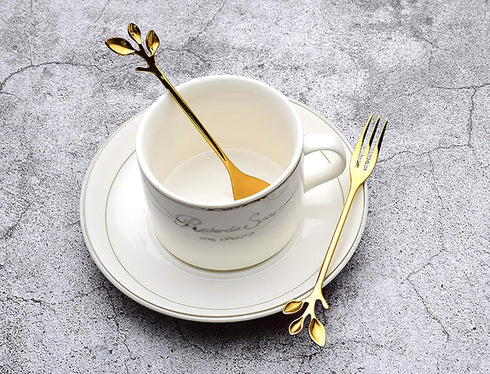 Gold Leaf Coffee Spoon Set of 6, Retro Stainless Steel Mini Cutlery, 4.7 Inch Ice-Cream Tea Stirring Spoons