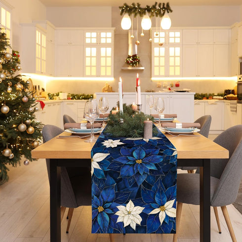 Poinsettia 13x108 Inch Winter Navy Blue Table Runner Christmas Floral Burlap Table Runners, Xmas Holiday Seasonal