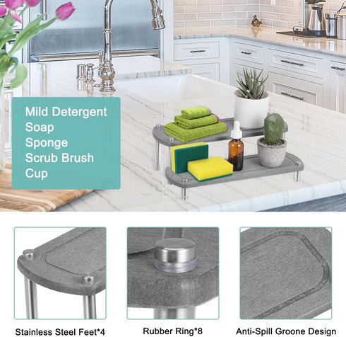 uxcell Fast Drying Stone Sink Tray, 2-Tier Instant Dry Sink Organizer for Countertop, Dark Grey Water Absorbing