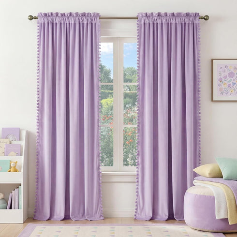 NICETOWN Lilac Purple Pom Pom Velvet Curtains 84 Inch Length for Nursery