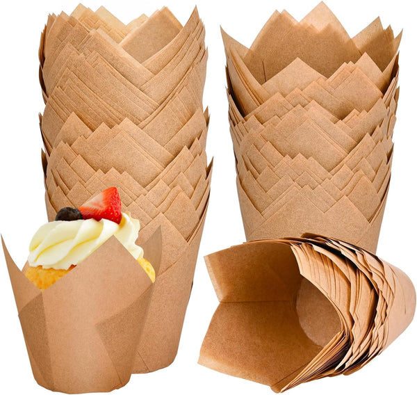 120 Counts Natural Tulip Cupcake Liners for Baking, Food Grade Parchment Paper Muffin Holders, Greaseproof
