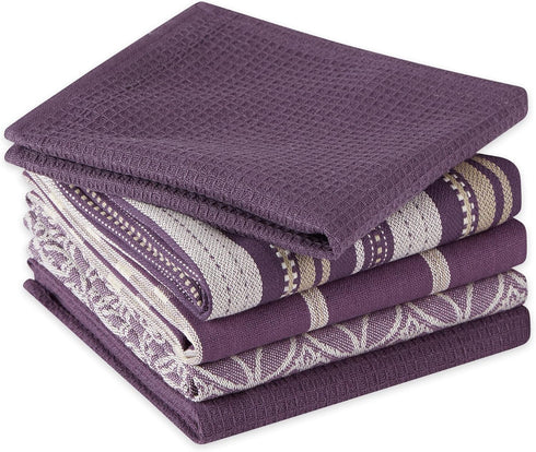 DII Assorted Woven Kitchen Set, 5 Piece - Dishtowel 18x28, Dishcloth 13x13, Eggplant