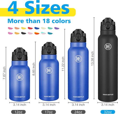 han's bottle 32 Oz, Sports Water Bottle - Straw Lid, Leak Proof, Vacuum Insulated Stainless Steel, Double Walled