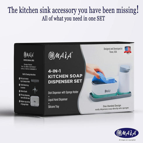 4-in-1 Set Countertop OMAIA Dish Soap Dispenser with Sponge Holder and Liquid Hand Soap Dispenser and Silicone Tray