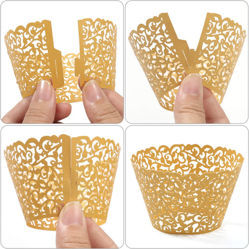 KPOSIYA 120 Pack Artistic Cupcake Wrappers, Black Laser Cut Cake Paper Cups for Wedding Baby Shower Birthday Decoration
