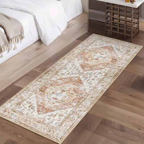 Boho Kitchen Rug, Washable Khaki 2x5 Non Slip Runner, Distressed Tribal Print Laundry Room Rug for Hallway Bedroom