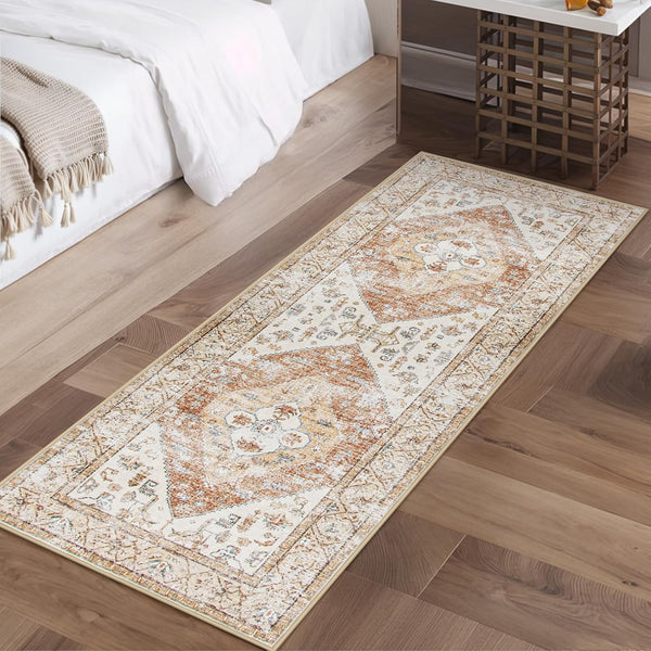 Boho Kitchen Rug, Washable Khaki 2x5 Non Slip Runner, Distressed Tribal Print Laundry Room Rug for Hallway Bedroom
