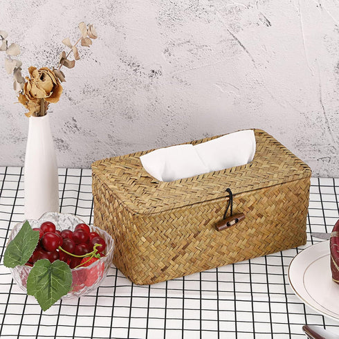 Sumnacon Rectangle Tissue Box Cover, Woven Seagrass Tissue Holder for Bathroom, Decorative Tissue Cover for Home Office