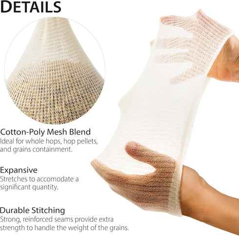 14' (5 Pack) Cotton Mesh Reusable Steeping Bags for Beer, Wine, Cider, Tea, Soups & Nut Milk, Hops & Grain Socks