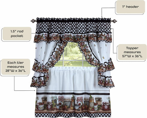 Printed Cottage Tier and Swag Window Curtain Set - 57 Inch Width, 36 Inch Length - Mason Jars