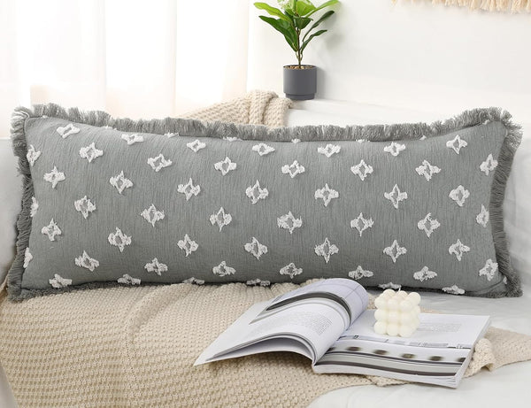 Boho Long Lumbar Pillow Cover 14x36 with Tassel Fringe,3D Flower Patterned Extra