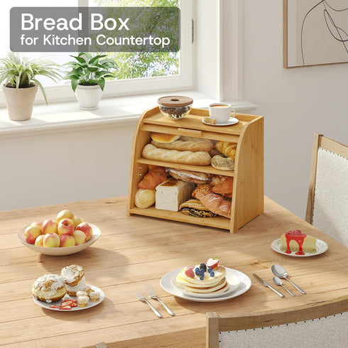kiplant Countertop, Bread Box for Kitchen Large Bamboo Wood Bread Box, Wooden Corner Bread Storage Capacity