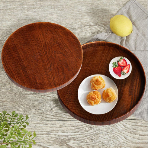 Solid Wood Serving Tray - Round Non-Slip Tea Coffee Snack Plate with Raised Edges for Home Kitchen Restaurant (9.5inch,