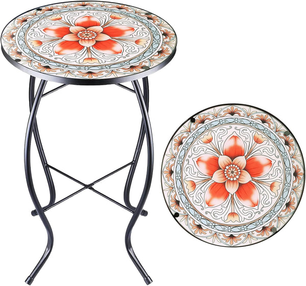 Arbuxzuy 12 Inch Small Outdoor Side Table with Pink Flower, Glass Mosaic