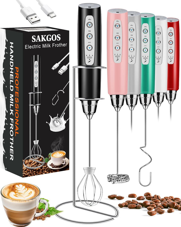 Milk Frother with Stand, Rechargeable Handheld Coffee Frother with 3 Stainless Whisks, Electric Whisk Drink Mixer