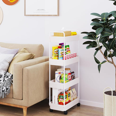 Buzowruil Rolling Storage Cart, 4 Tier Mobile Shelving Unit with Wheels for Kitchen, Bathroom, and Laundry, White.