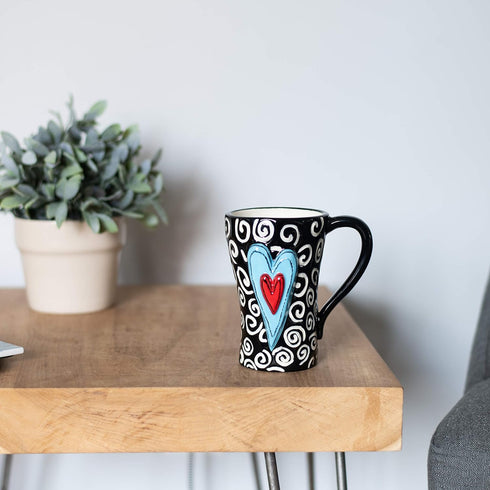 DEMDACO Tracy Pesche 15 Ounce Glossy Ceramic Stoneware Coffee Cup Mug with White Swirls Hearts