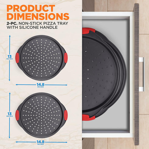 NutriChef 2-Piece 13-Inch Nonstick Pizza Tray, Round Carbon Steel Non-Stick Pizza Baking Pan with Perforated Holes, Premium Bakeware Pizza Screen with Silicone Grip Handles, Dishwasher Safe, NCBPIZX2 by NutriChef