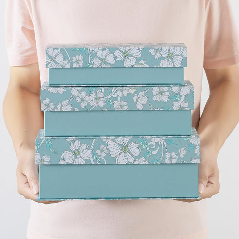 Blue Botanical Decorative Storage Boxes with Lids, Set of 3 White Floral Memory Keepsake Boxes for Organizing