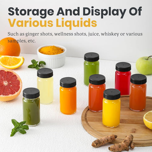 20 PACK 2 oz 20 Glass Shot Bottles w/ Black Lids & Labels - Small Clear Jar for Ginger, Wellness Shot, Juice, Sample