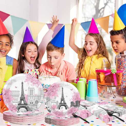 Paris Eiffel Tower Plates and Napkins - Parisian Party Disposable Paper Tableware Bundle for 24 Guests