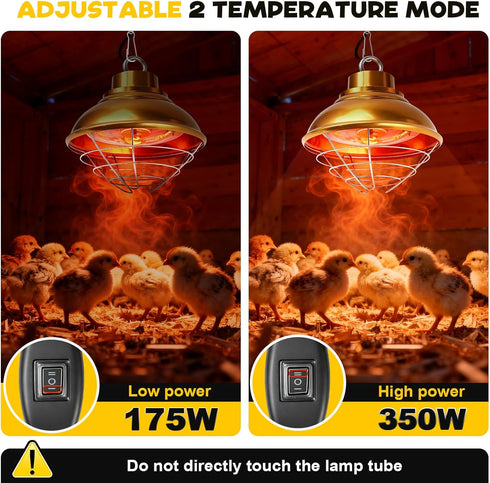 2 175W/350W Chicken Heat Lamp Carbon Fiber Tube Brooder Heater Lamps for Chicks,Adjustable Temperature Hanging Chicken