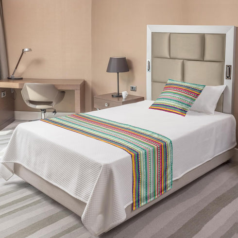 Lunarable Ethnic Bed Runner Set - Doodle Style Colorful Stripes with Circles, Decorative Bedding Scarf & Pillow Sham