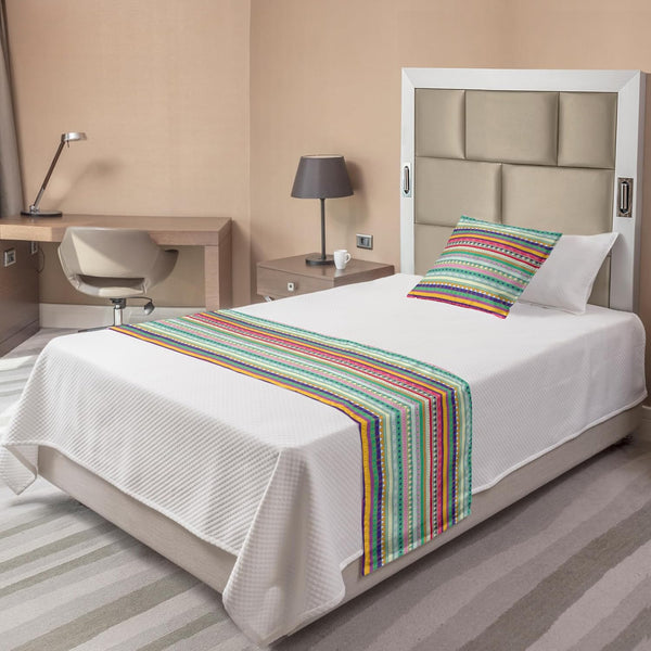 Lunarable Ethnic Bed Runner Set - Doodle Style Colorful Stripes with Circles, Decorative Bedding Scarf & Pillow Sham