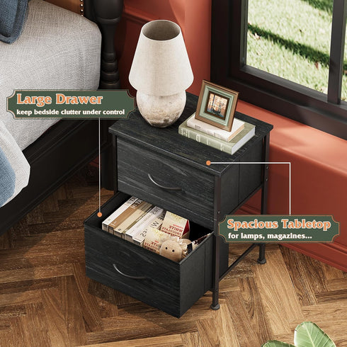 WLIVE Night Stand, Small Dresser with 2 Fabric Drawers, Black Bedside Table and Closet Organizer