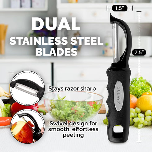 Zulay Kitchen Premium Vegetable Peeler - Swivel Peeler with Razor Sharp Stainless Steel Blades, Ergonomic Handle, Black