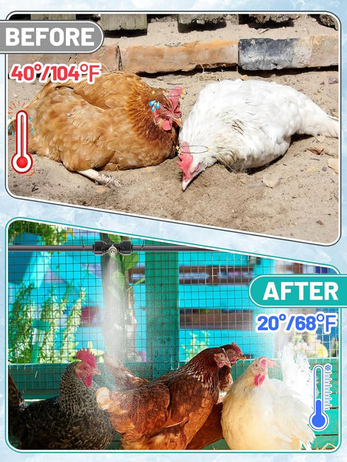 Summer 39.4ft 3/4" 11 Nozzles, Pre-Assembled Chicken Coop Misting System for Cooling - Leak-Resistant Mist Hose Kit