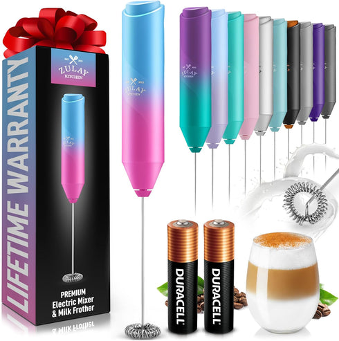 Zulay Kitchen Duracell Powered Milk Frother - Handheld Foam Maker for Coffee, Latte, Matcha, Mini Foamer (Teal/Pink)