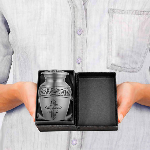 Trupoint Memorials Small Urns for Human Ashes, Keepsake Mini Cremation Urn, Silver Cross.