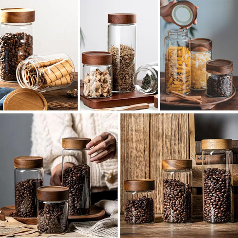 MOLADRI 26 oz/850 ml -4 Pack Clear Glass Storage Canister with Airtight Wooden Lid, Small Overnight Oats Containers
