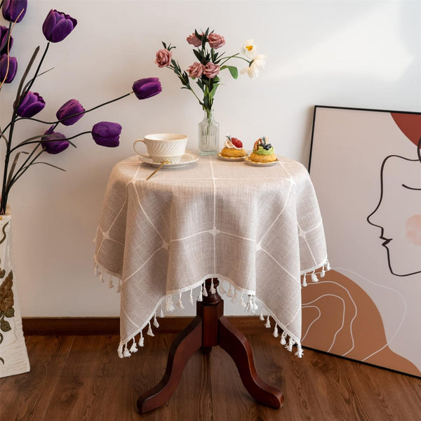 Gernaice Rustic Embroidered Small Tablecloth Lattice Square Tassel Table Cover Dust-Proof for Kitchen
