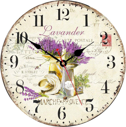 TAHEAT Romantic Lavender Wall Clock, 14 Inch French Purple Love Floral Decorative Easy to Read Clock for Living