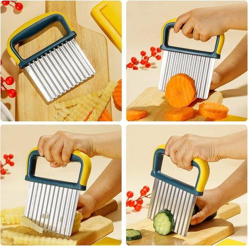 Crinkle Cutter Knife for Potatoes and Veggies, Stainless Steel Vegetable Cutter, Yellow Carrot Slicer